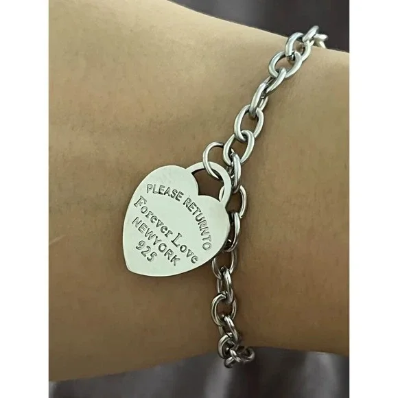 Forever Love New York 925 Sterling Silver Heart Tag Chain‎ Bracelet Toggle Clasp